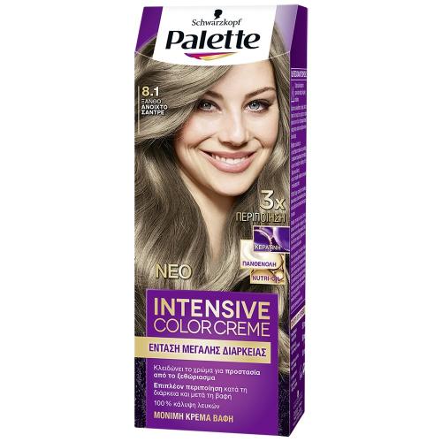 Schwarzkopf Palette Intensive Hair Color Creme Kit Μόνιμη Κρέμα Βαφή Μαλλιών για Έντονο Χρώμα Μεγάλης Διάρκειας & Περιποίηση 1 Τεμάχιο - 8.1 Ξανθό Ανοιχτό Σαντρέ